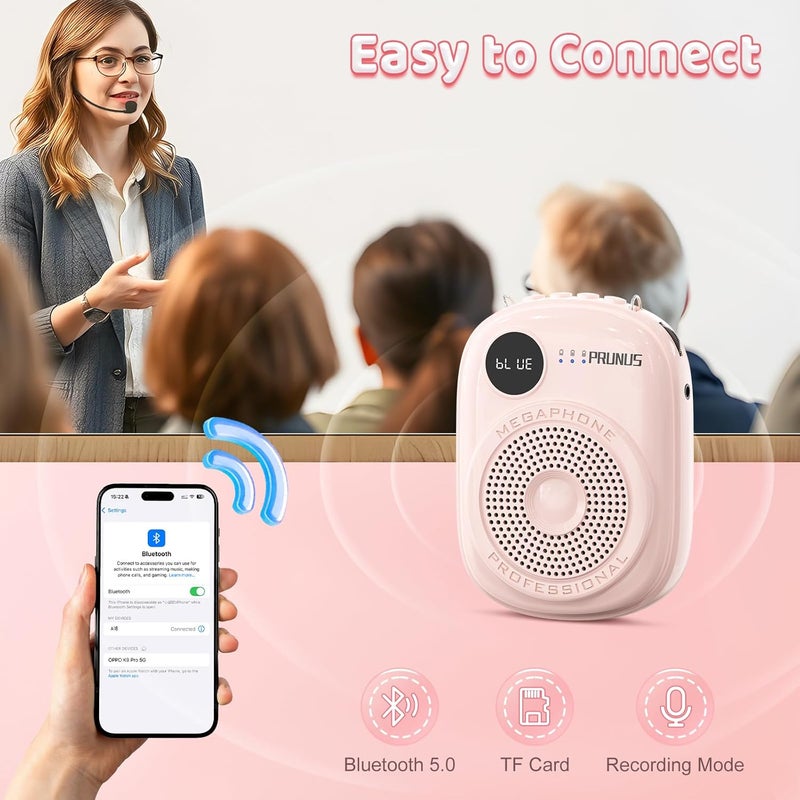PRUNUS Voice Amplifier for Teacher,Portable Wired Voice Amplifier with Microphone Headset and Speaker,Rechargeable Mini Voice Amplifier for Classroom,Speech,Training,Tour Guide,Pearl Chain Design-Pink - Image 4